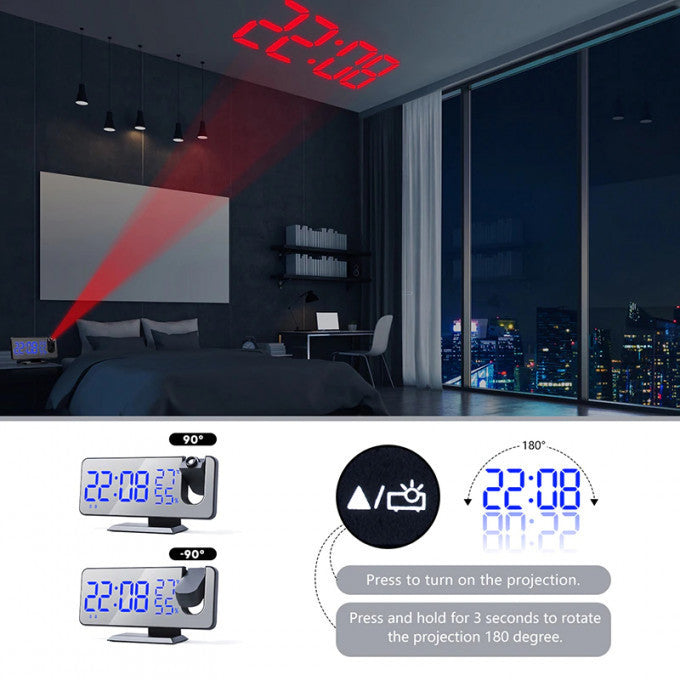 Réveil Numérique Électronique à LED et USB, Radio FM, Projecteur et Alarme.